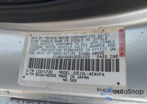 2001 Lexus Is 300 z USA, uszkodzony, nr VIN JTHBD182810031103